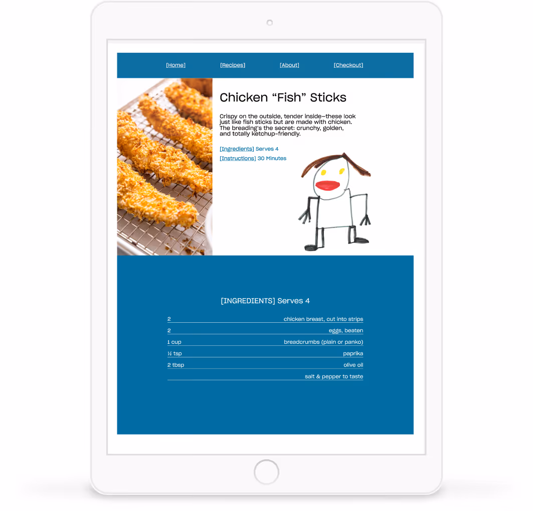 2d IPad Wireframe of Chicken "Fish" Sticks recipe for the I HATE [Seafood] section