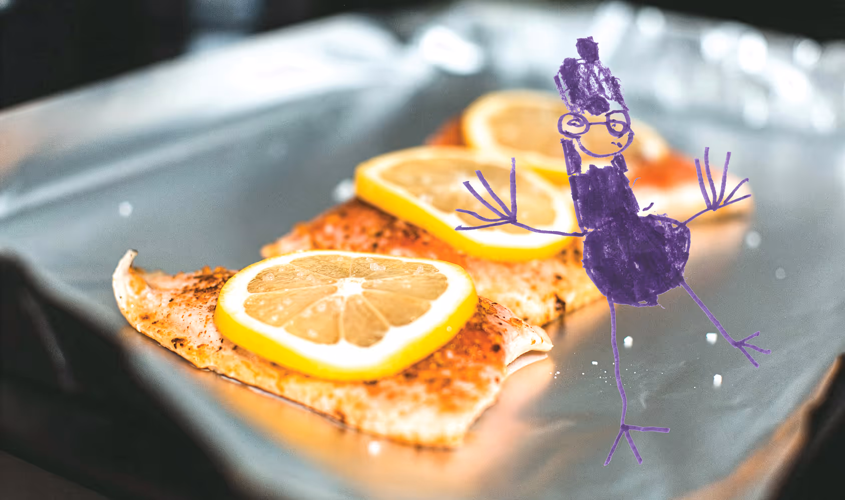 Collage of a salmon and lemon dish on aluminum foil, with a child's purple drawing placed on top. Salmon shot by Jonathan Cooper, found on Unsplash