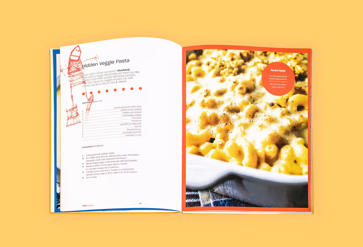 Bird's eye picture of the open book on the "Hidden Veggie Pasta" spread.