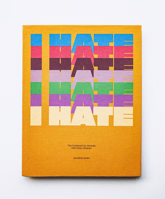 Bird's eye view of the mostly burnt-orange front cover of the book. "I HATE" repeated 7 times vertically in each of the section's colours.