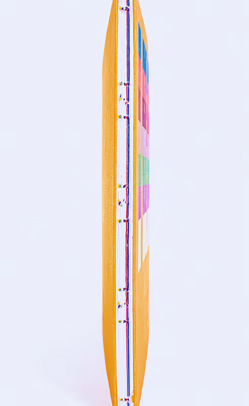 Vertical shot of the open spine of the book, showing the first two section's colours (blue and red) as well as the thread.