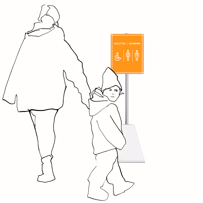 Illustrated mockup of a service panel indicating a bathroom. Mother leading child, hand in hand, towards it.