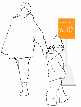 Illustrated mockup of a service panel indicating a bathroom. Mother leading child, hand in hand, towards it.
