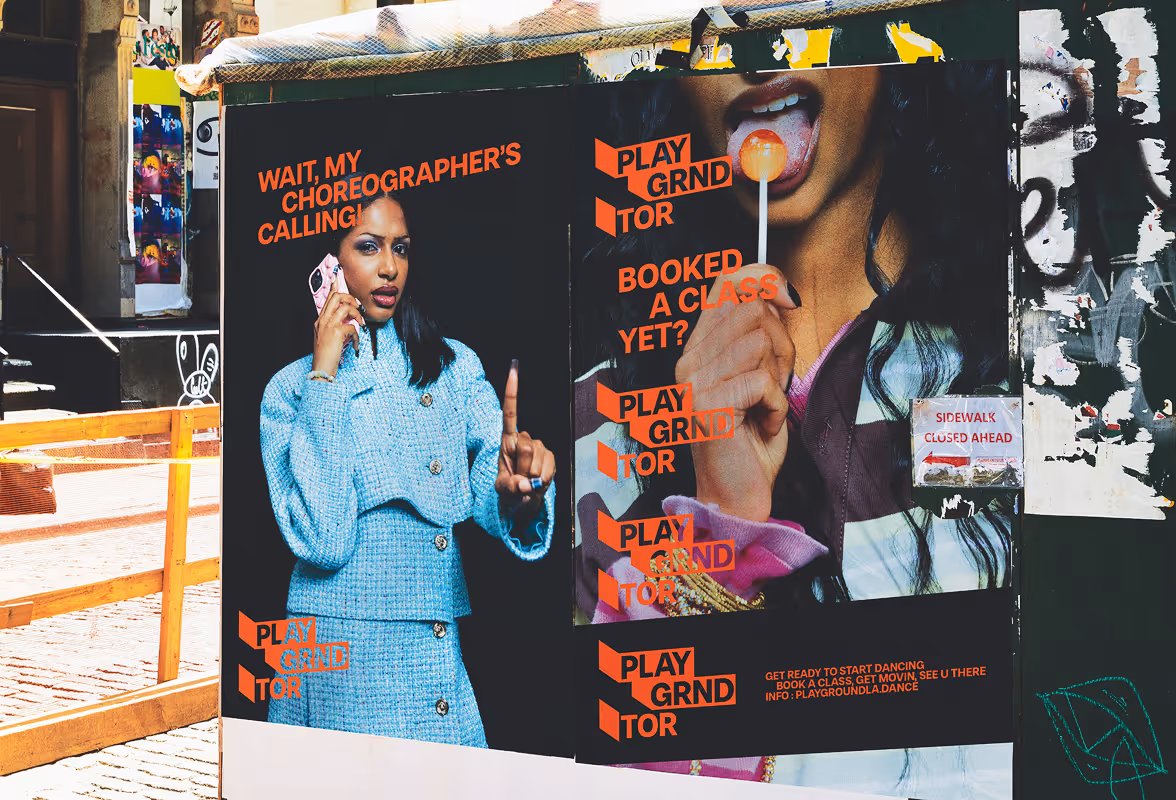 2 Toronto-based street posters — one saying "wait, my choreographer's calling, playground TOR", and the other ; "Booked a class yet?, Playground TOR" Mockup source : Mockup Maison