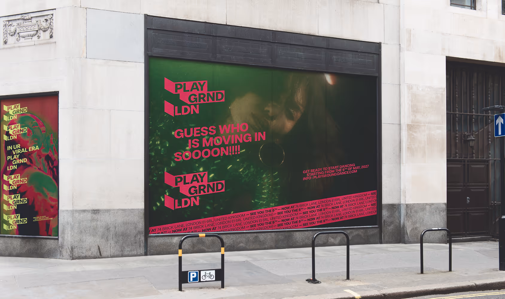 London-situated studio-front mockup with taglines such as "Guess who is moving in sooooon!!!" or "in your viral era—Playground LDN" Found; Mockup Maison