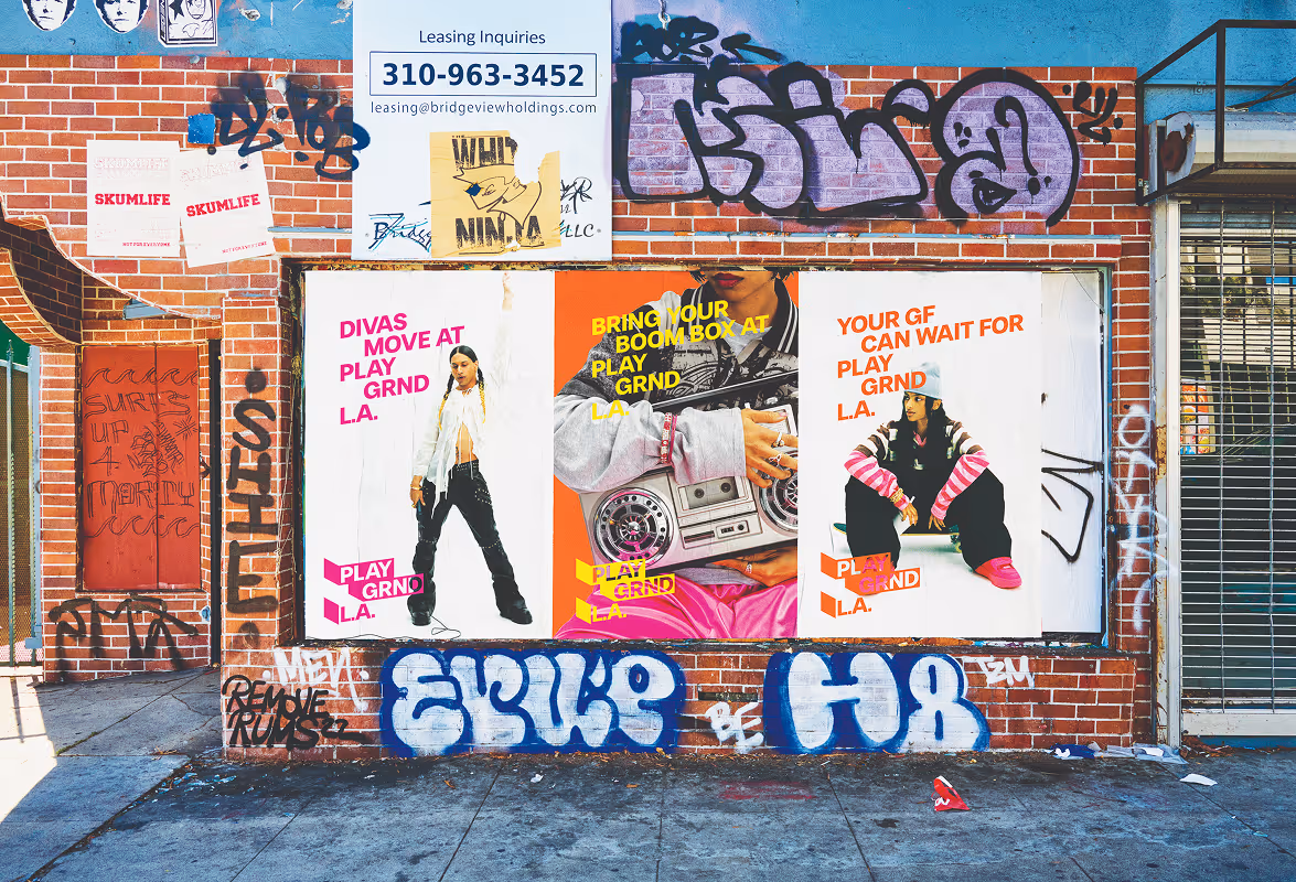 Series of L.A.-situated posters promoting the studio "your gf can wait for Playground L.A." source ; Mockup Maison
