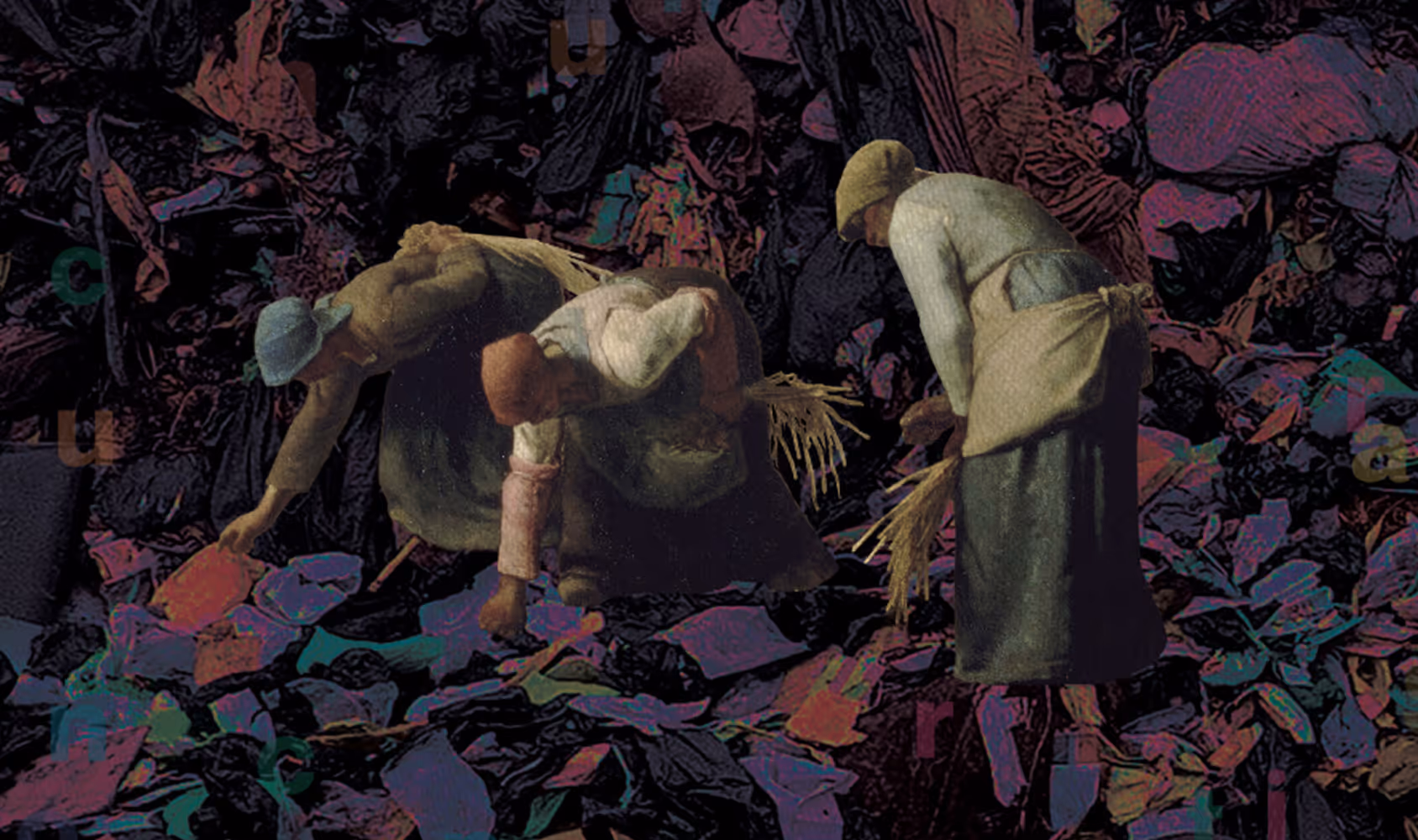 Close-up of the poster, centering les glaneuses by Millet, collaged on top of a coloured landfill