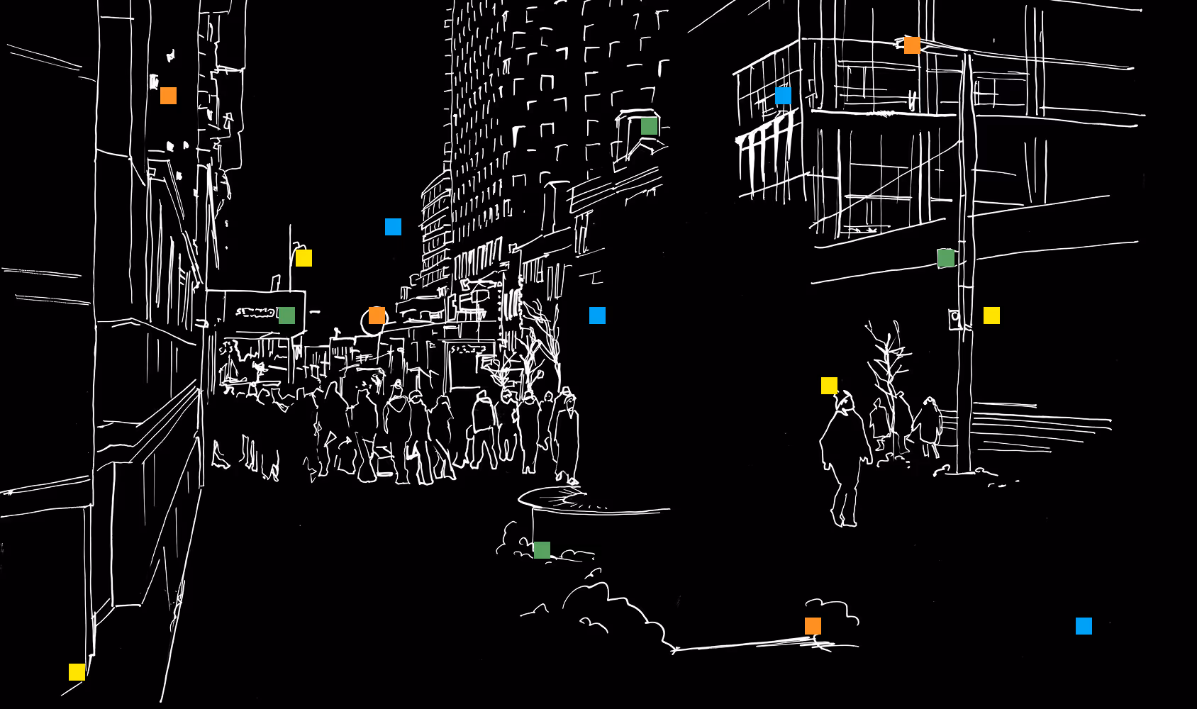 Illustration, white on black background, showing the winter nightime of Place des Arts, Montreal, Canada