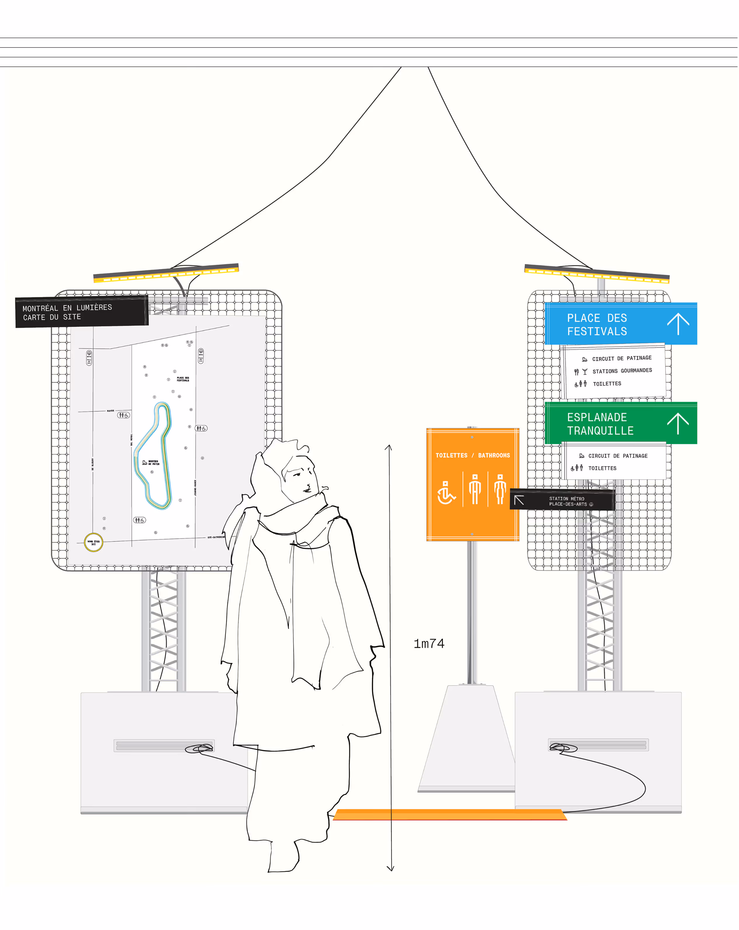 Mockup of the panel family with an illustrated woman (1m74) in front to show proportions