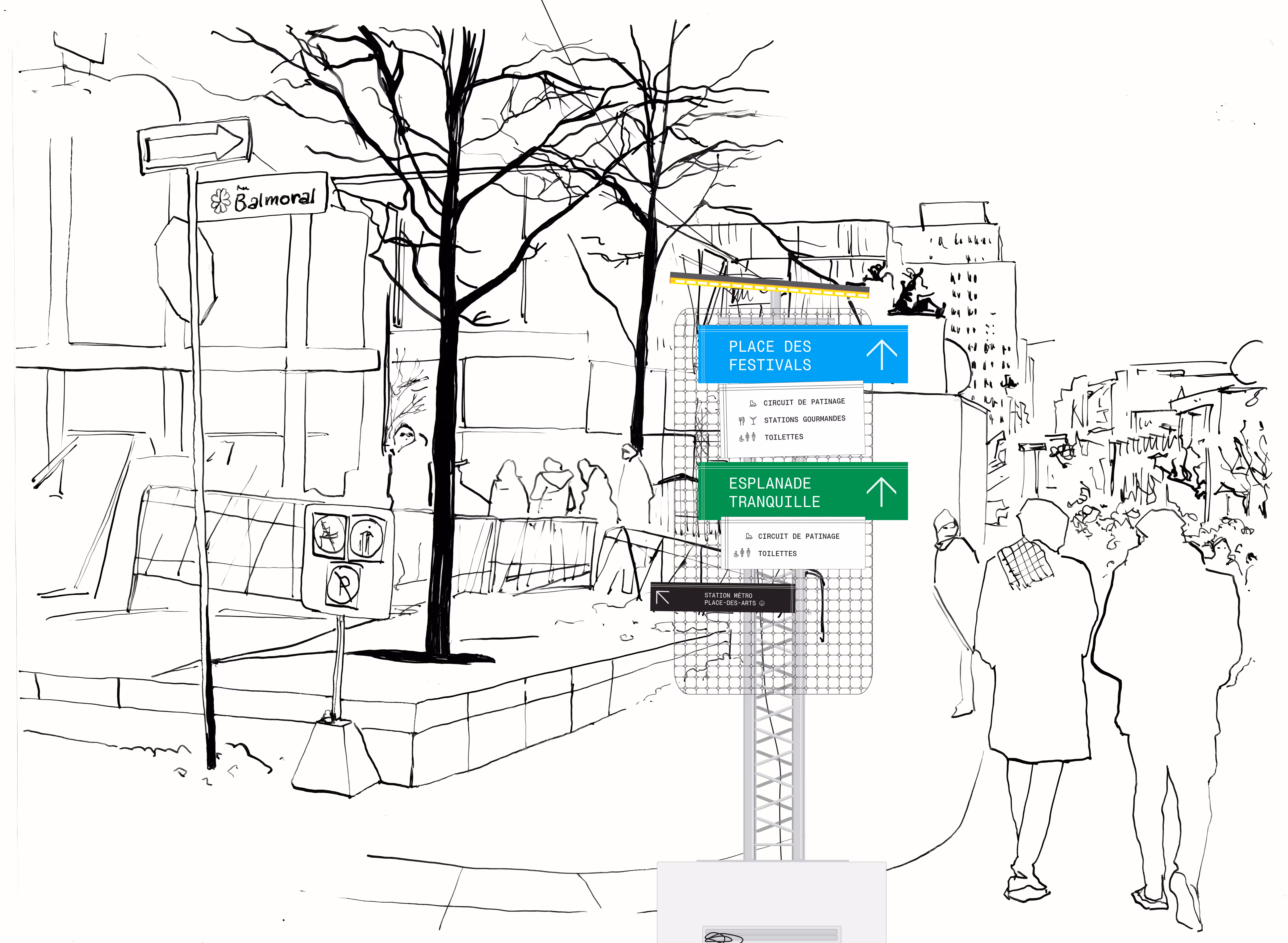 ted mockup of a directional sign on St-Catherine in the middle of le Cartier des Spectacles
