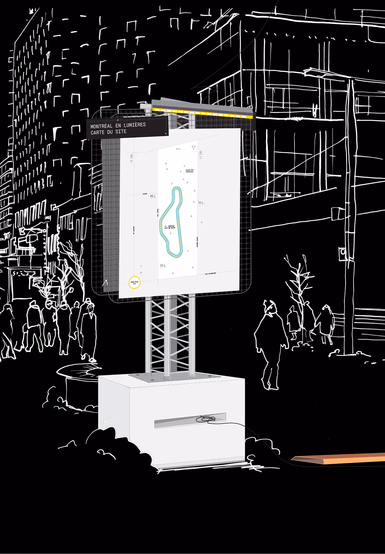Nightime mockup of an information panel, situated on St Catherine